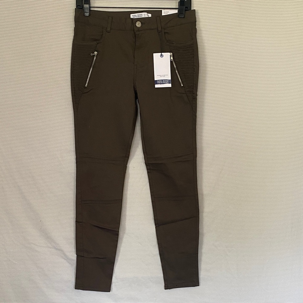 Zara Olive Green Women's Skinny Moto Pants with Zip Pockets